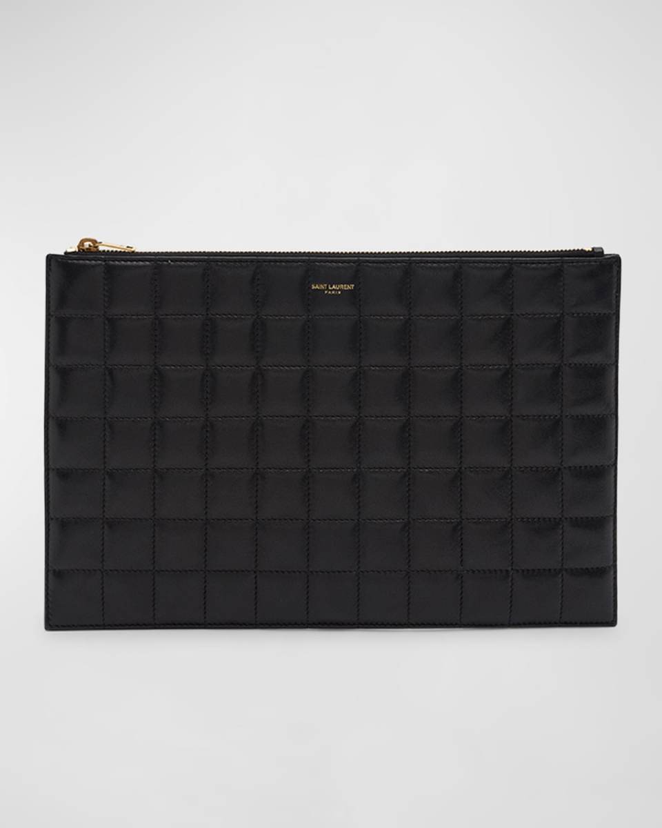 YSL Monogram Tablet Ziptop Pouch in Quilted Smooth Leather