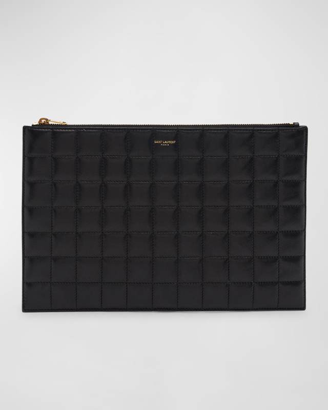 YSL Monogram Tablet Ziptop Pouch in Quilted Smooth Leather