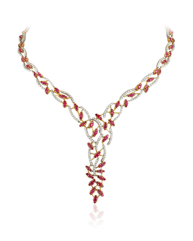 18K White and Yellow Gold Ruby Y Necklace with Diamonds