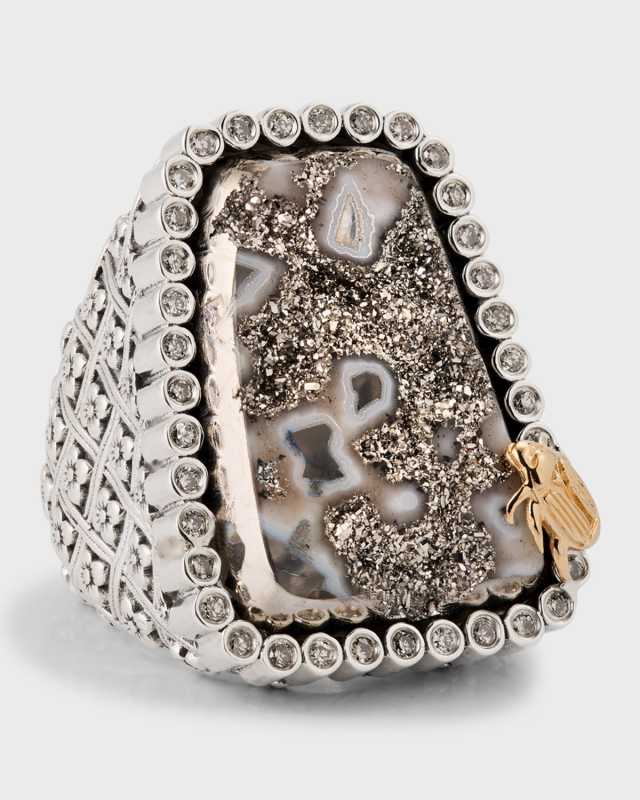 Platinum Druzy and Champagne Diamond Statement Ring