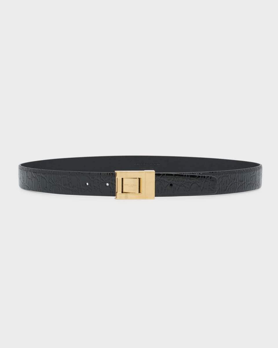 Center Buckle Croc-Embossed Leather Belt
