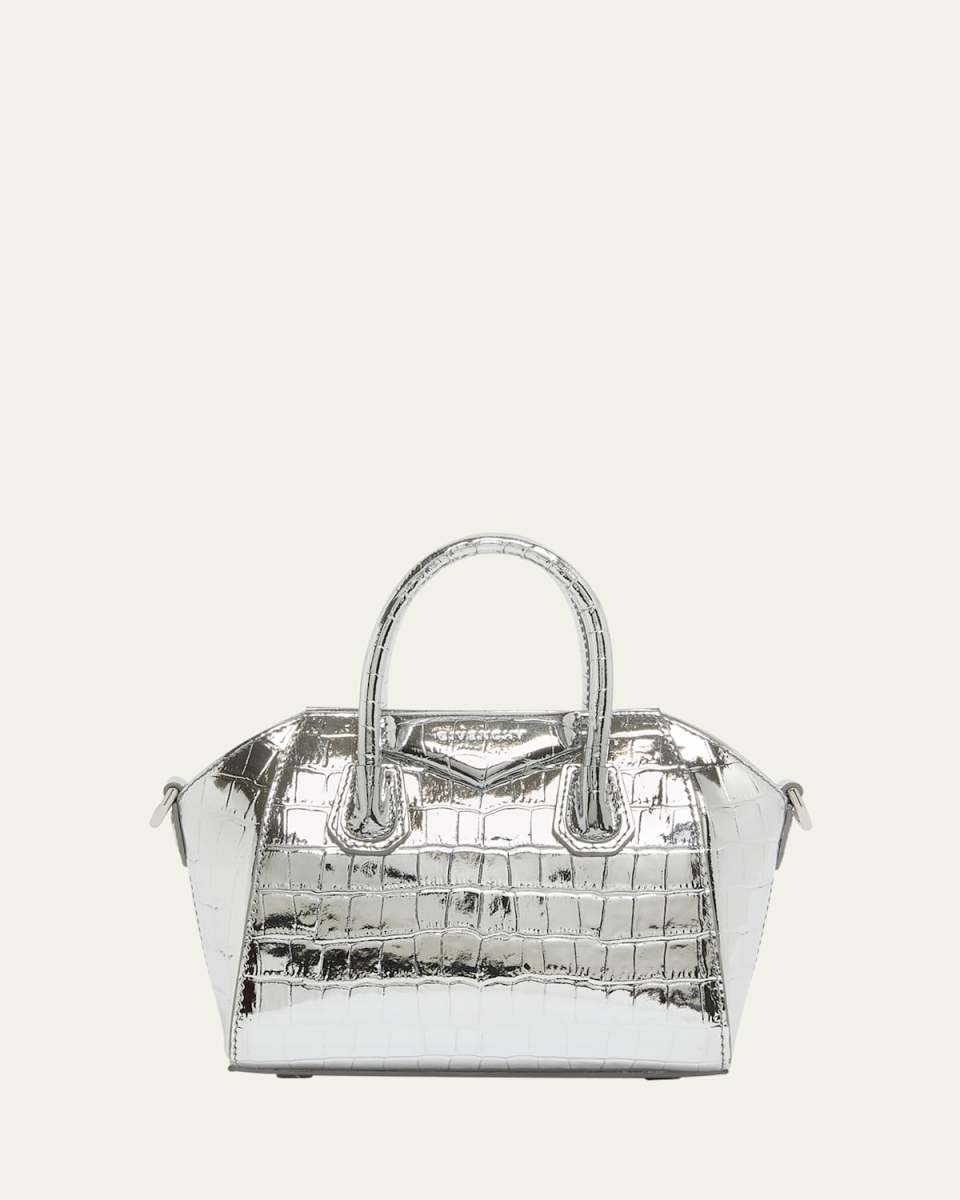 Antigona Toy Top-Handle Bag in Metallic Croc-Embossed Leather