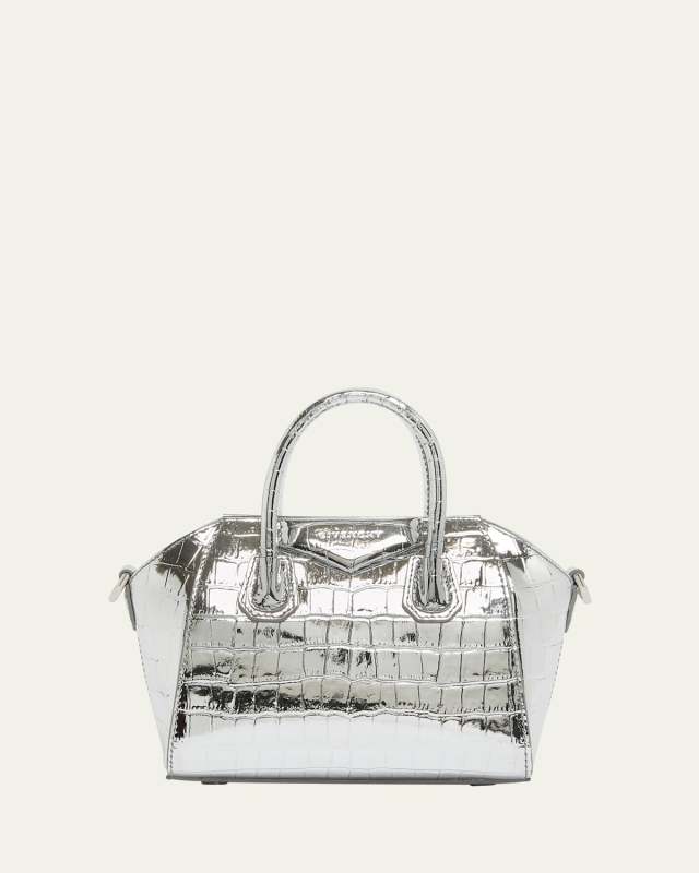 Antigona Toy Top-Handle Bag in Metallic Croc-Embossed Leather