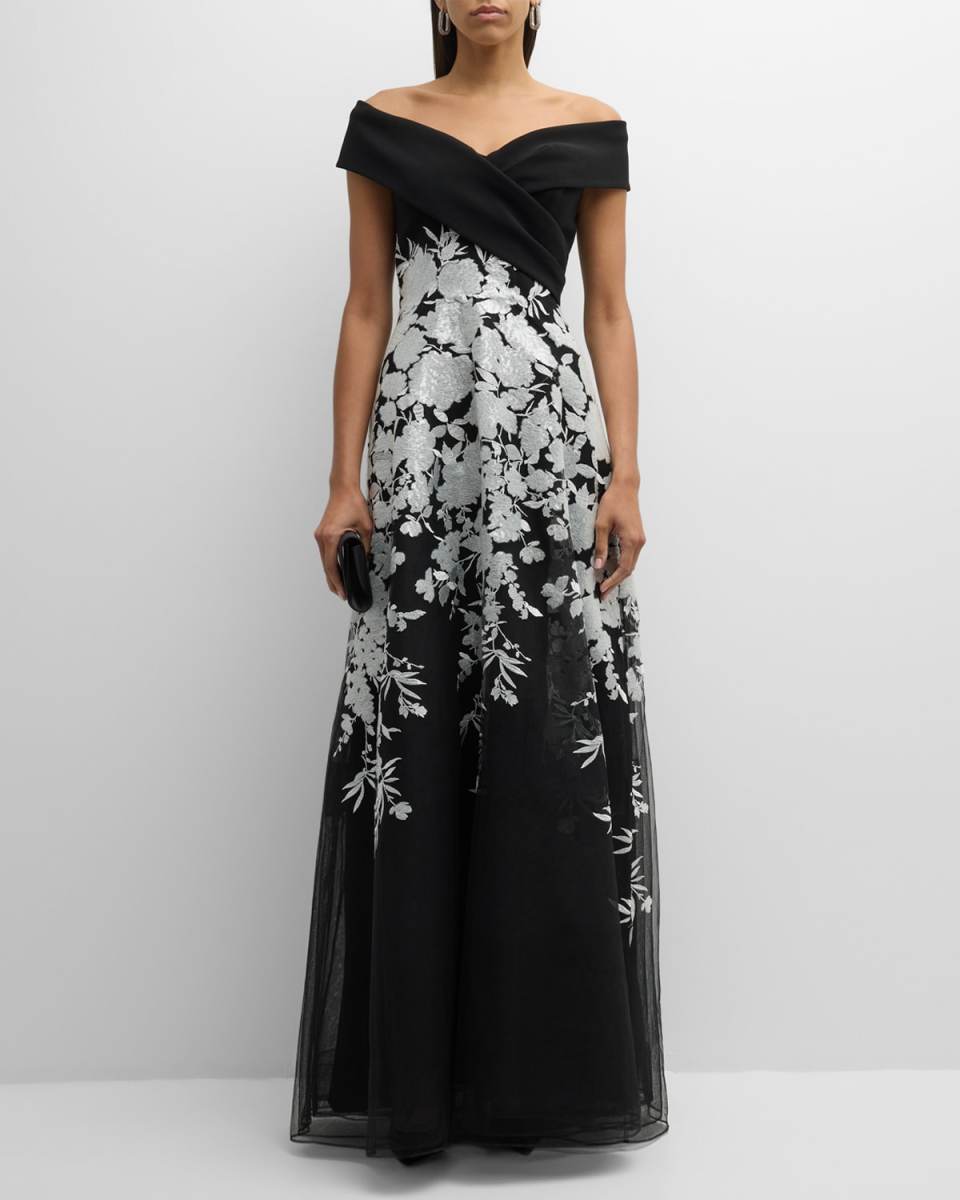 Off-Shoulder Embroidered Crepe Gown