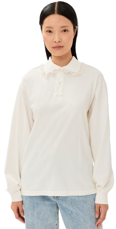 Tanner Fletcher Cletus Lace Trim Long Sleeve Polo Ivory