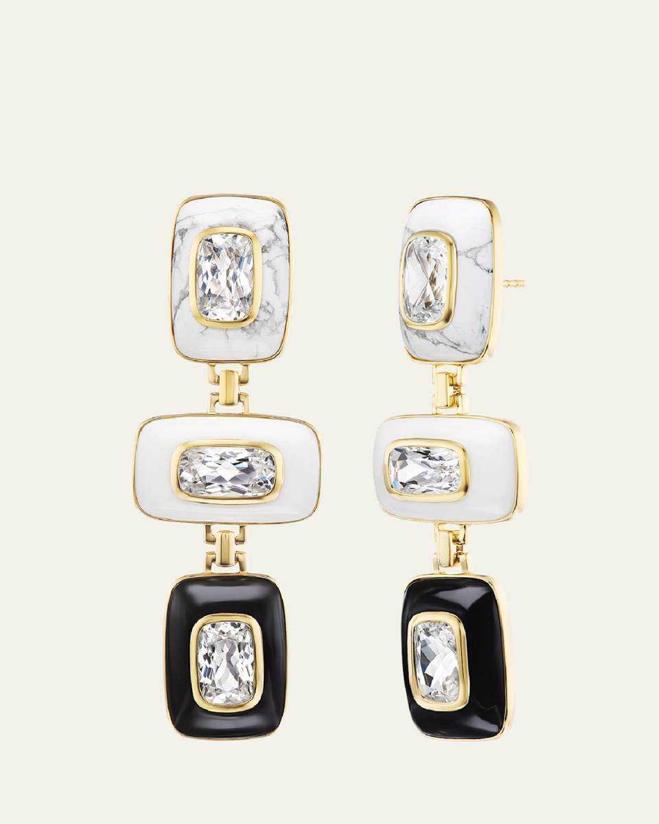 18K Yellow Gold Patchwork Earrings with Topaz, Howlite, and Agate
