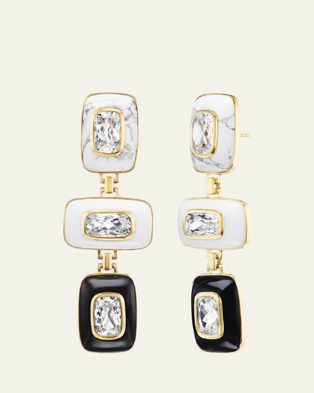 18K Yellow Gold Patchwork Earrings with Topaz, Howlite, and Agate