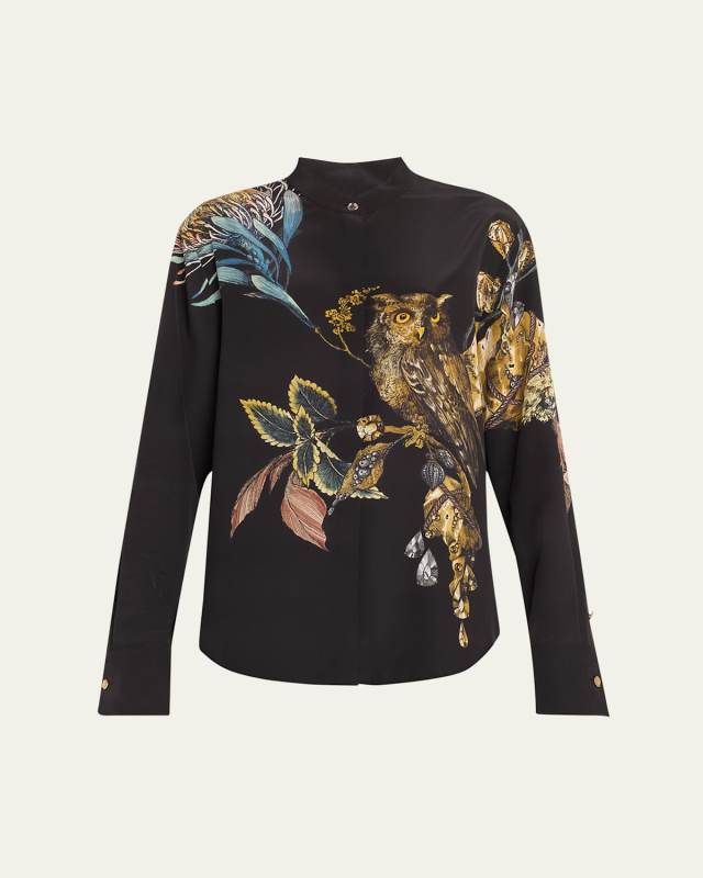Forest Floral Oversized Button Down Silk Blous