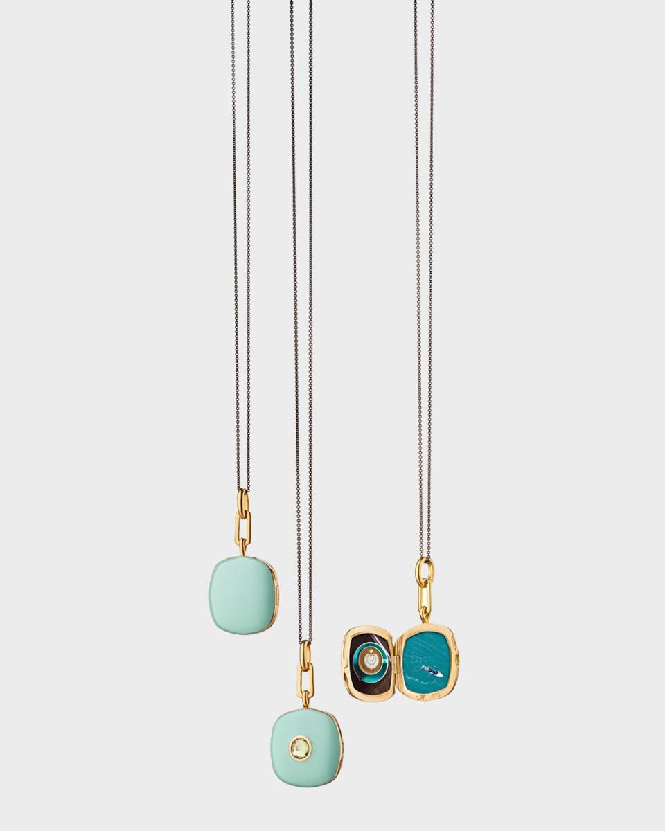 18K Gold Vermeil Green Enamel Cushion Locket with Green Sapphire