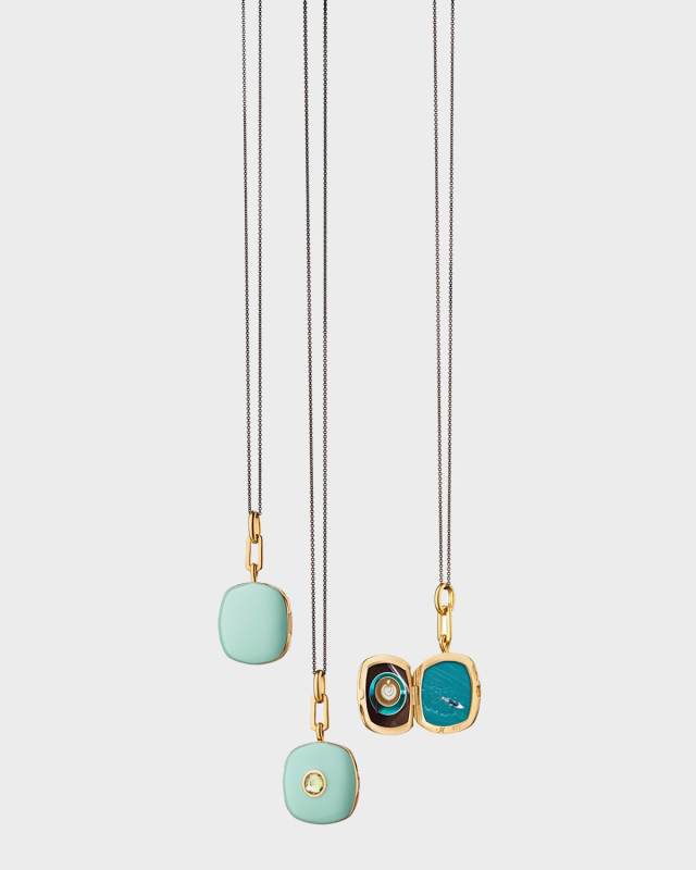 18K Gold Vermeil Green Enamel Cushion Locket with Green Sapphire