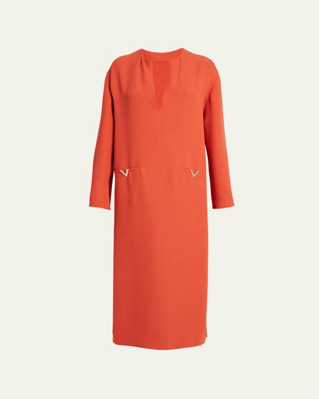 Split-Neck Midi Dress with Logo Pocket