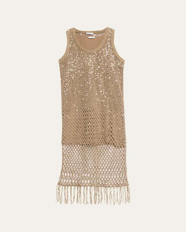 Degrade Crochet Sequined Fringe Linen Midi Dress
