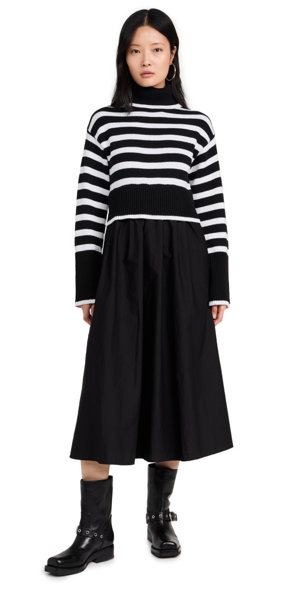 Moon River Long Sleeve Turtleneck Striped Sweater Dress Black