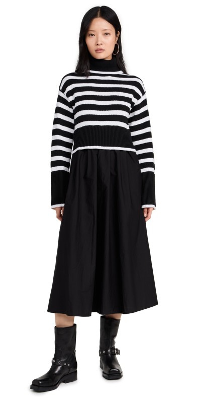 Moon River Long Sleeve Turtleneck Striped Sweater Dress Black