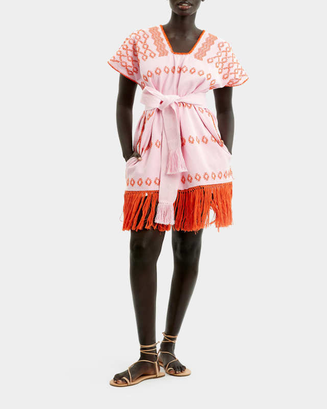 Single Panel Embroidered Fringe Mini Kaftan