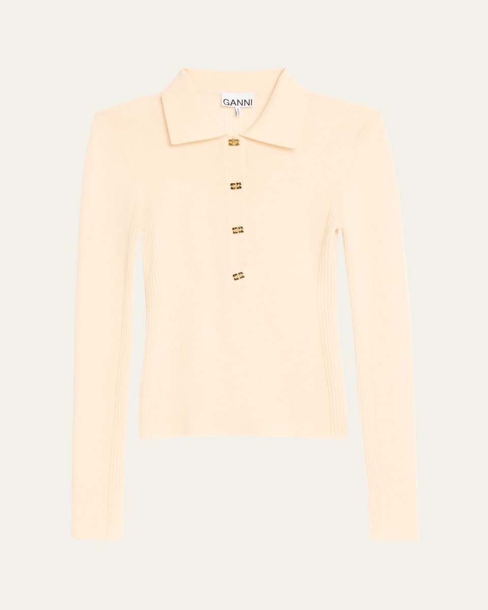 Long-Sleeve Ribbed Merino Polo Top