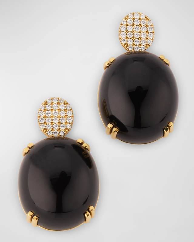 Rock N' Roll 18K Yellow Gold Onyx Cabochon and Diamond Earrings
