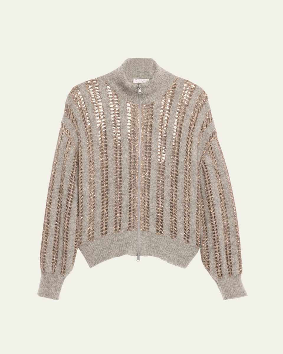Mohair Wool Lattice Knit Zip-Up Cardigan with Paillette Detail