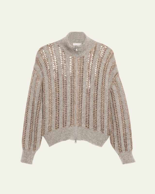 Mohair Wool Lattice Knit Zip-Up Cardigan with Paillette Detail