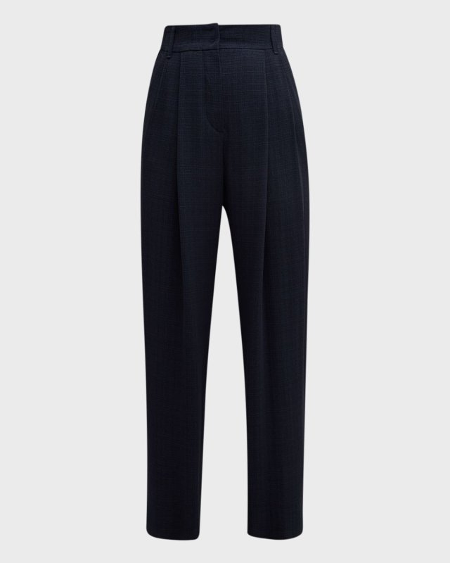 Pleated Straight-Leg Check Trousers