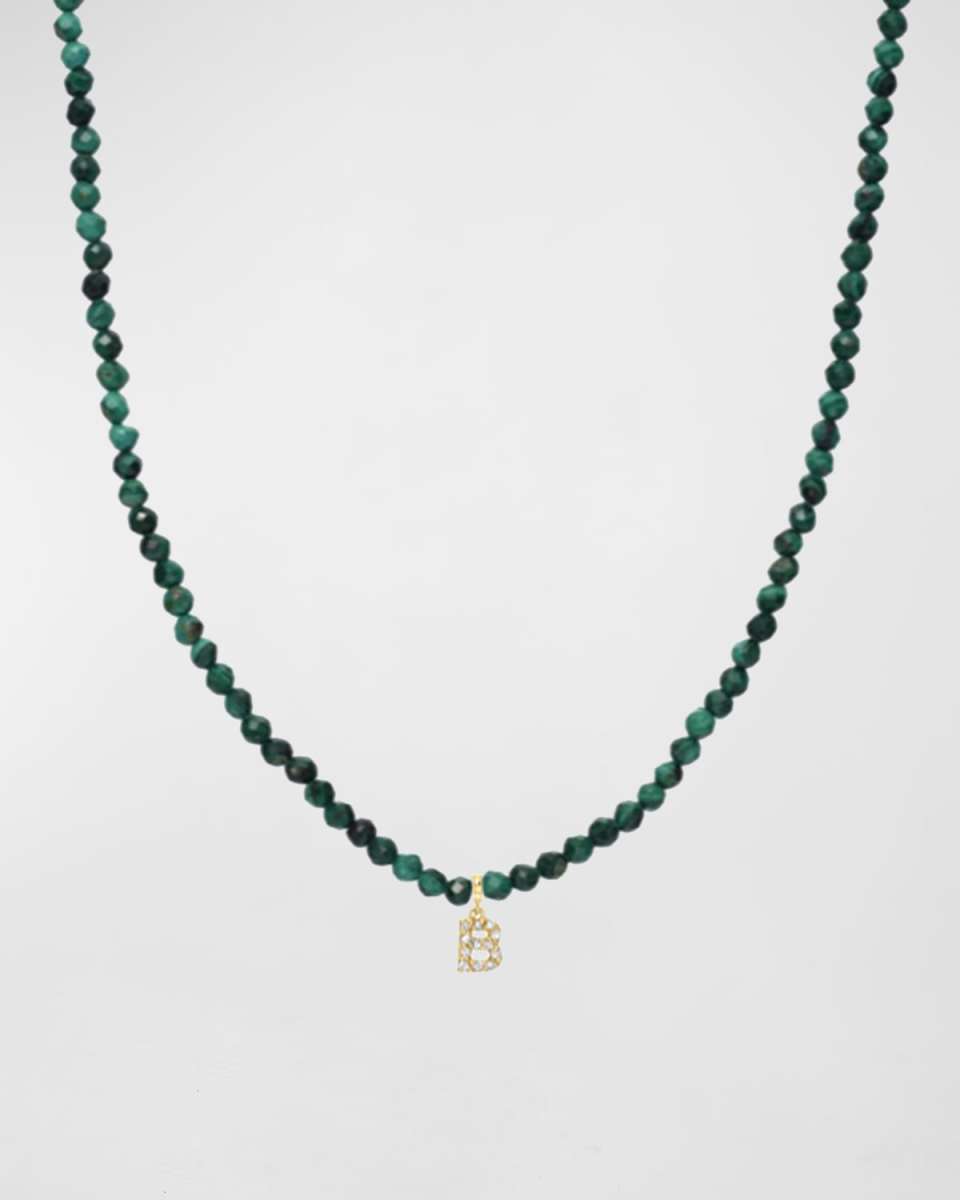 Malachite Beaded Mini Diamond Spaced Initial Necklace