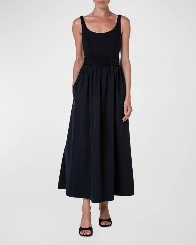 Mix-Media Midi Dress with D-Ring Fabric Belt