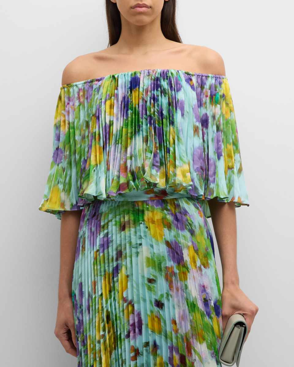 Pleated Off-Shoulder Floral-Print Blous