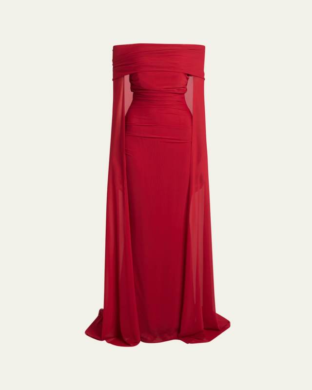 Cape Stretch Tulle Off-Shoulder Mermaid Evening Dress