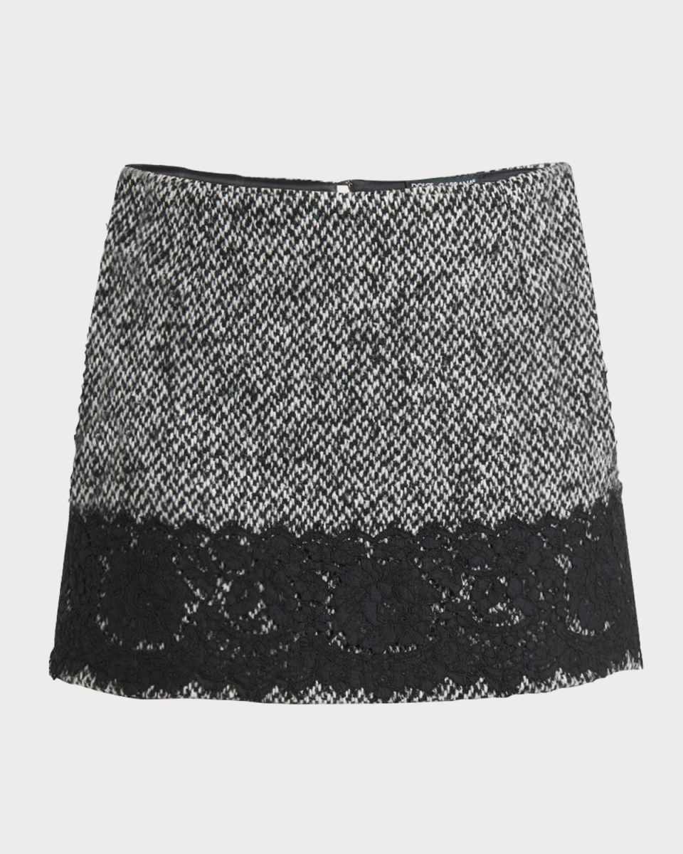 Tweed Wool Mini Skirt with Lace Trim