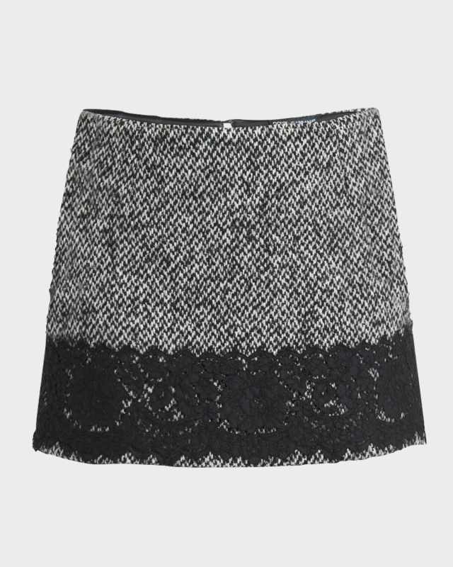 Tweed Wool Mini Skirt with Lace Trim