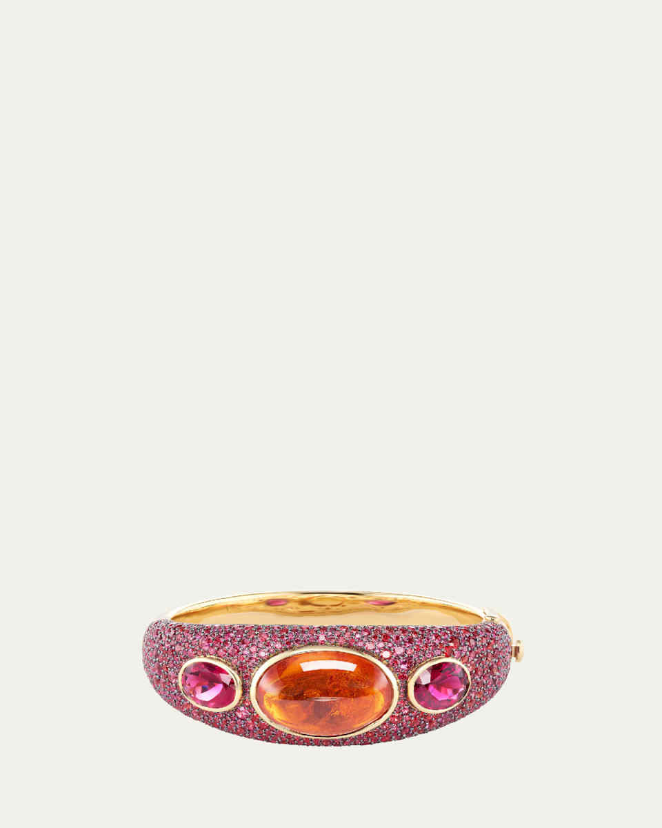 18K Yellow Gold Rubellite, Garnet, and Sapphire Cuff Bracelet