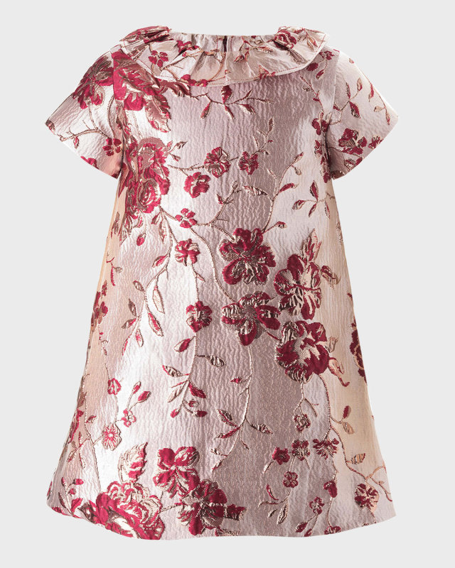 Girl's Embroidered Garland Damask Shift Dress, Size 2-14