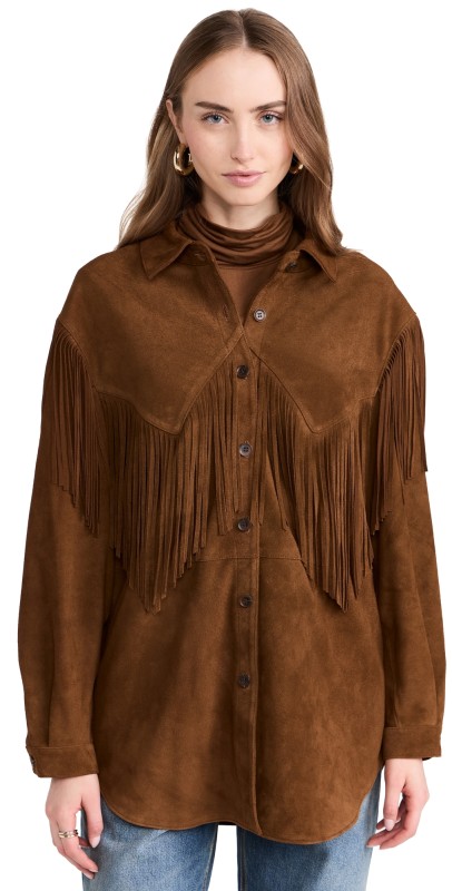 THE GREAT. The Suede Fringe Shirt Jacket Cognac