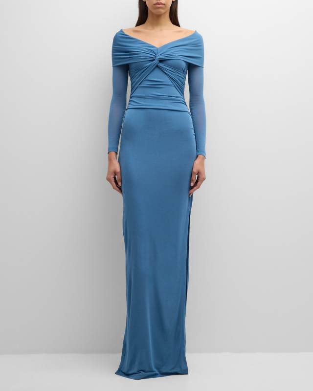 Ruched Jersey Off-Shoulder Column Dress