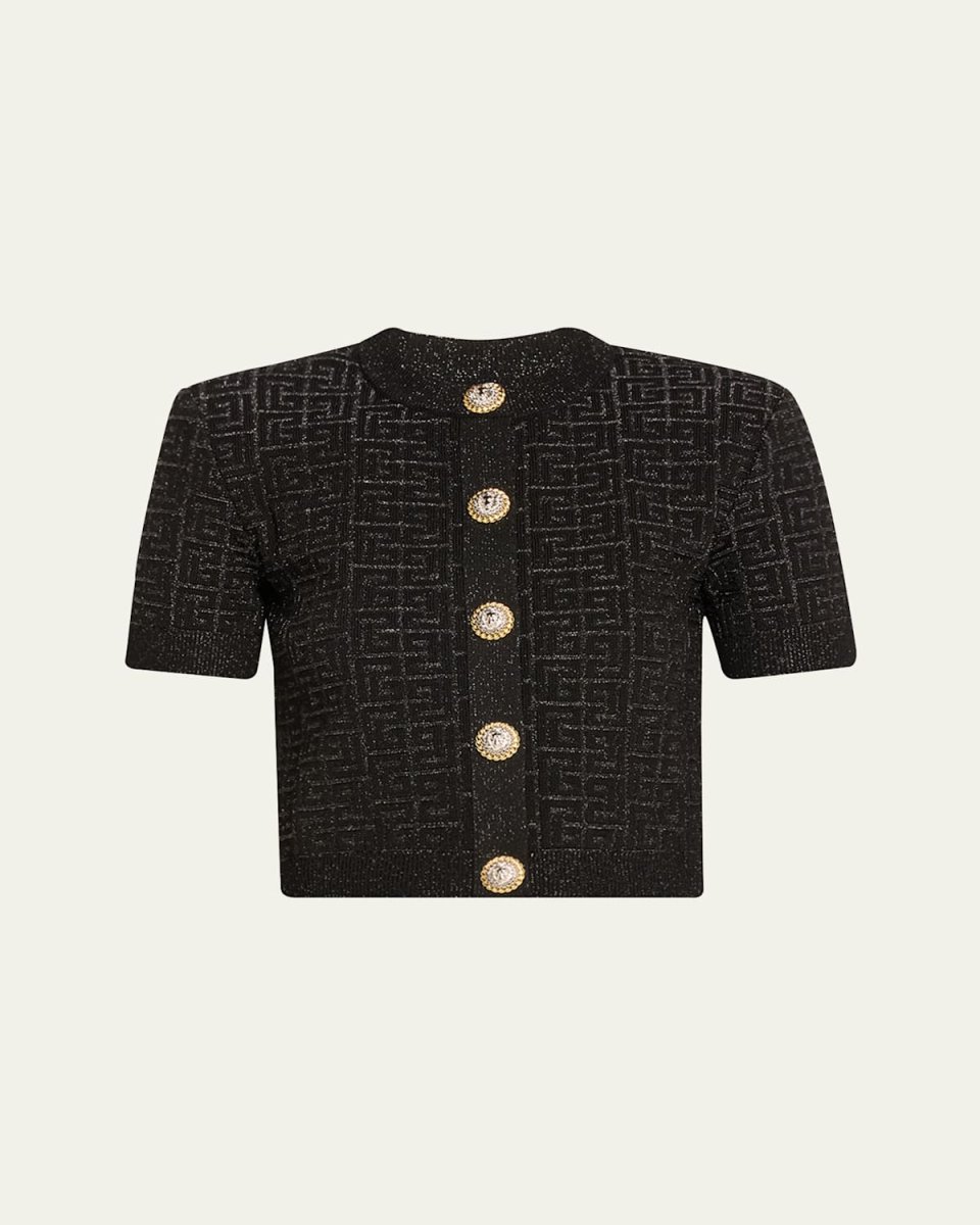 Monogram Glitter Button-Front Cardigan