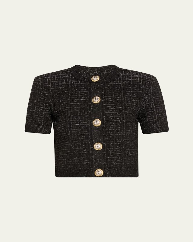 Monogram Glitter Button-Front Cardigan