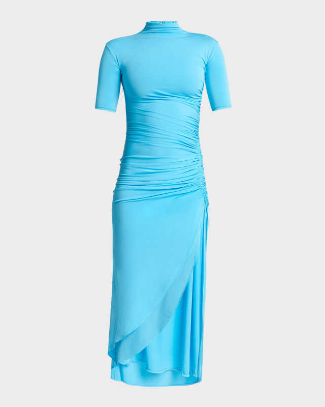 Mock-Neck Ruched Short-Sleeve Slit Midi Dress