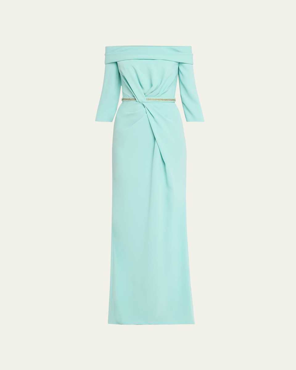 Judy Pleated Crystal-Embellished 3/4-Sleeve Off-The-Shoulder Gown