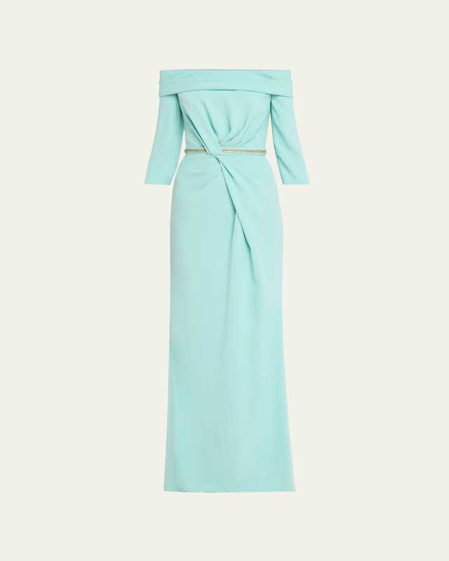 Judy Pleated Crystal-Embellished 3/4-Sleeve Off-The-Shoulder Gown