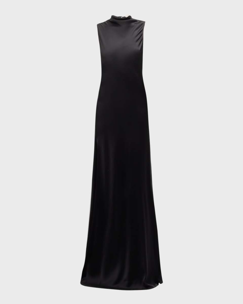 Draped-Neck Sleeveless Double-Face Satin Slit Maxi Dress