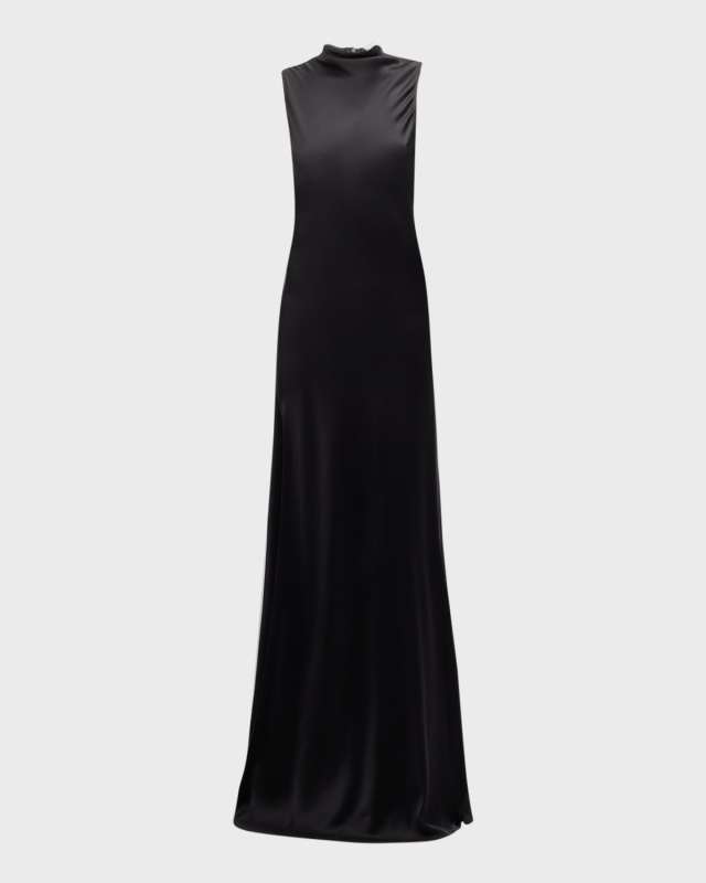 Draped-Neck Sleeveless Double-Face Satin Slit Maxi Dress