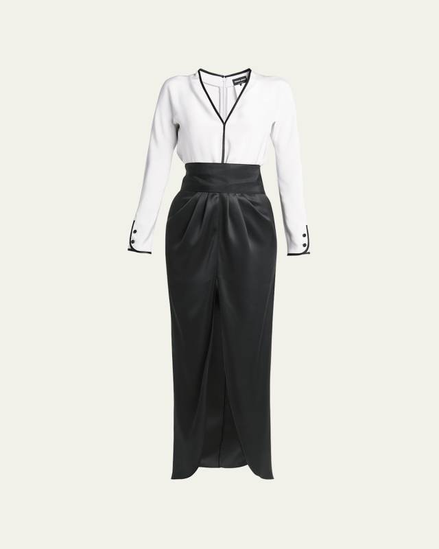 Bicolor Tuxedo Silk Column Gown with Sash