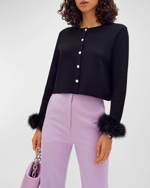 Cropped Feather-Trim Cardigan