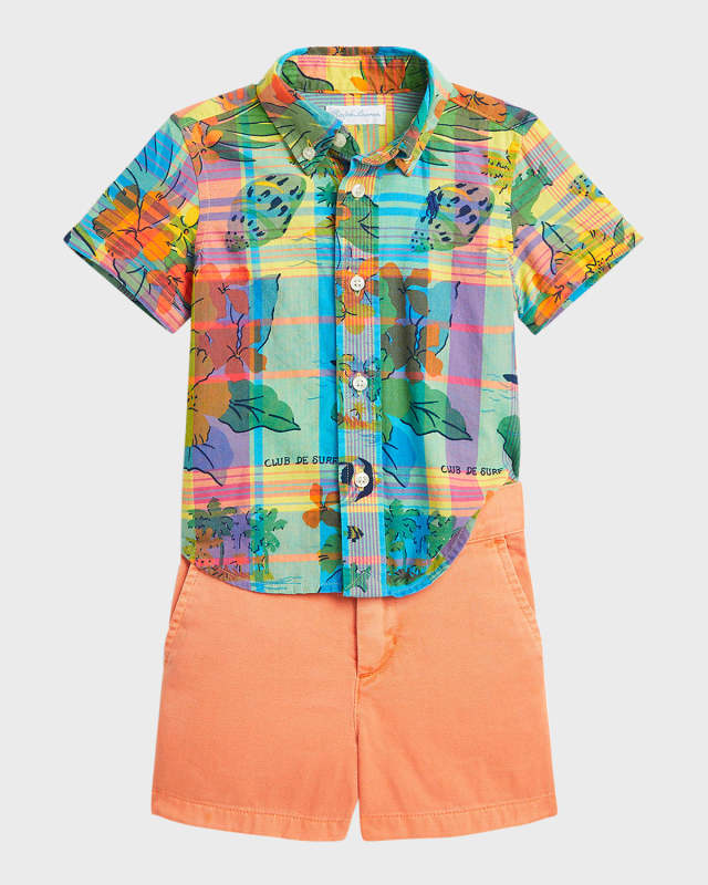 Boy's Madras Short-Sleeve Shirt and Shorts Set, Size 3M-24M