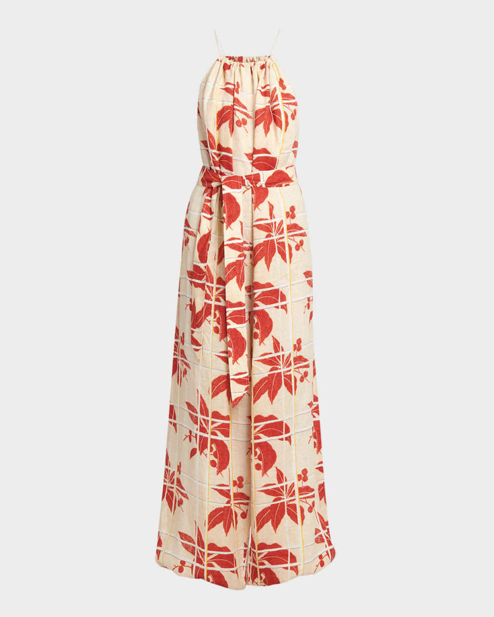 Cristina Hibiscus Flowers Linen Wide-Leg Jumpsuit