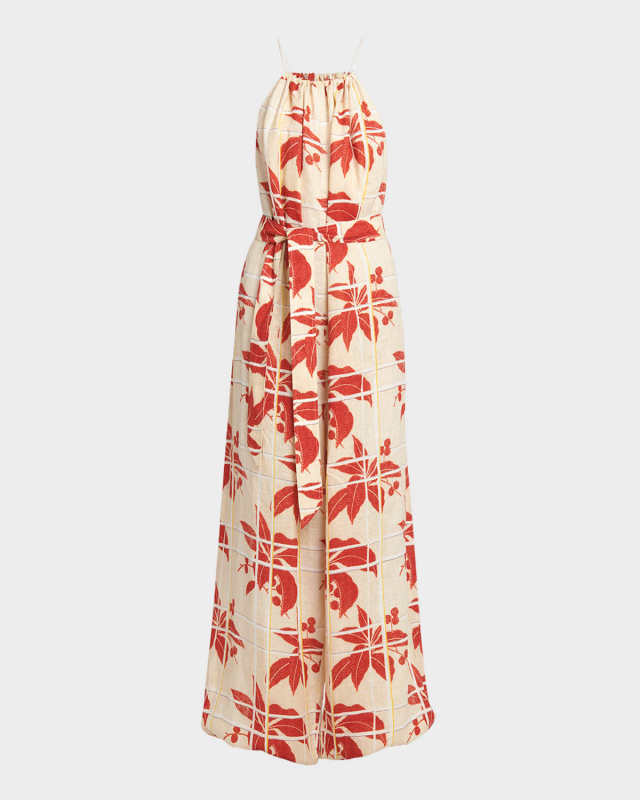 Cristina Hibiscus Flowers Linen Wide-Leg Jumpsuit