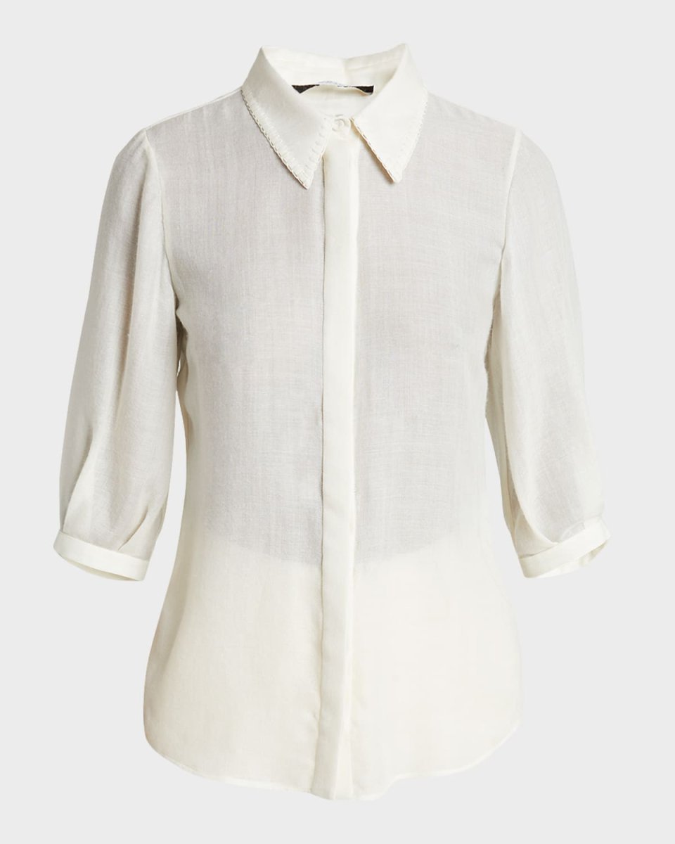 Hadley Blanket-Stitch Collared Blouson-Sleeve Wool-Cashmere Top