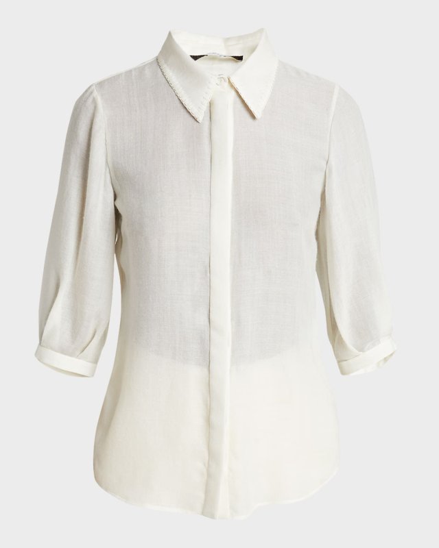 Hadley Blanket-Stitch Collared Blouson-Sleeve Wool-Cashmere Top