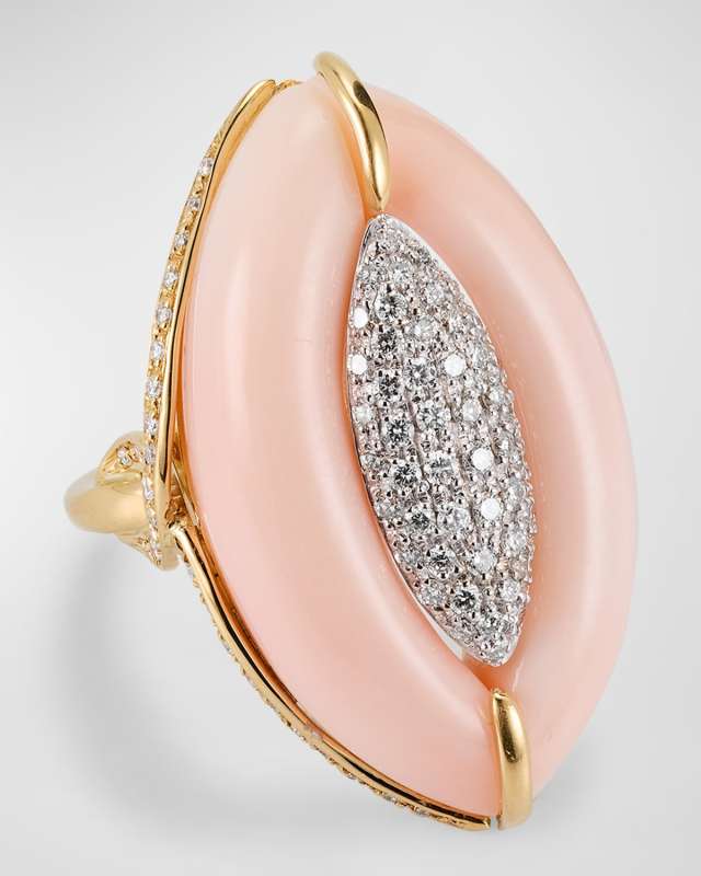 Estate 18K Coral and Diamond Navette-Shaped Dinner Ring, Size 7.25