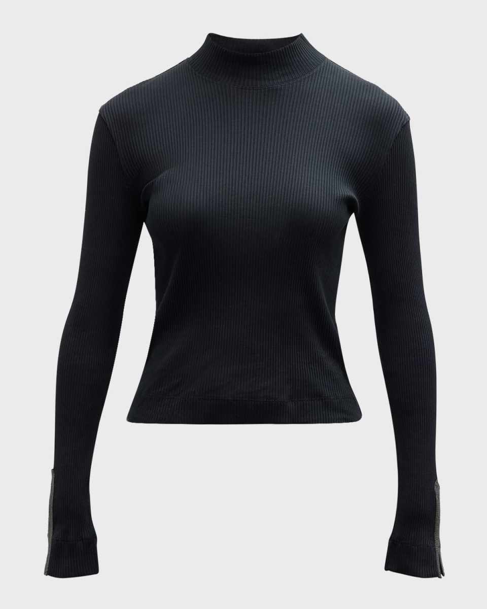 Monili-Cuff Mock-Neck Cotton Rib Knit Top